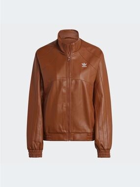 adidas Brown Faux Leather Jacket with White Trefoil Label